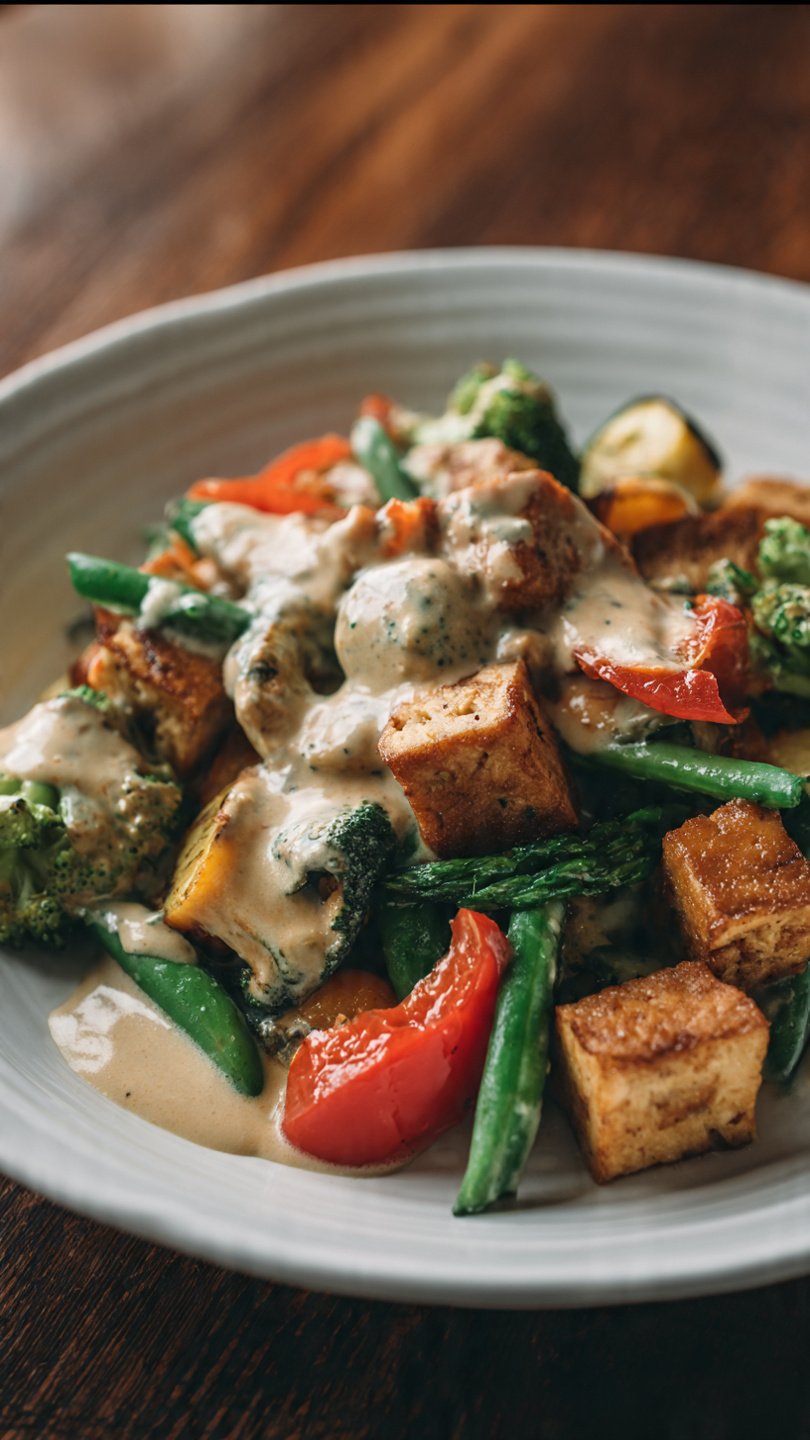 easy vegan dinner featuring tofu, seasonal vegetables, and a creamy, dairy-free sauce