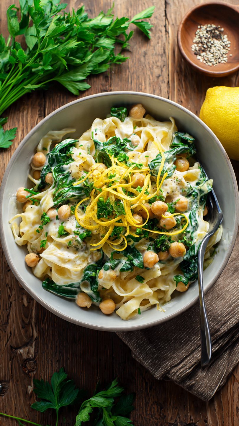 Creamy Vegan Pasta with Lemon, Spinach & Chickpeas (Easy Dinner Idea!)
