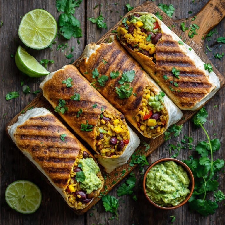 Overhead view of four golden-grilled vegan burrito wraps on a wooden board, sliced in half to show colorful bean-rice filling, guac oozing out, bright natural light, lime wedges and cilantro scattered around—vibrant, appetizing Pinterest food flatlay.