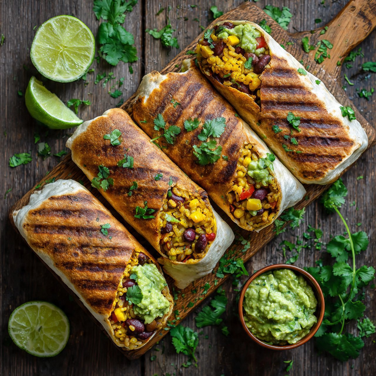 Overhead view of four golden-grilled vegan burrito wraps on a wooden board, sliced in half to show colorful bean-rice filling, guac oozing out, bright natural light, lime wedges and cilantro scattered around—vibrant, appetizing Pinterest food flatlay.