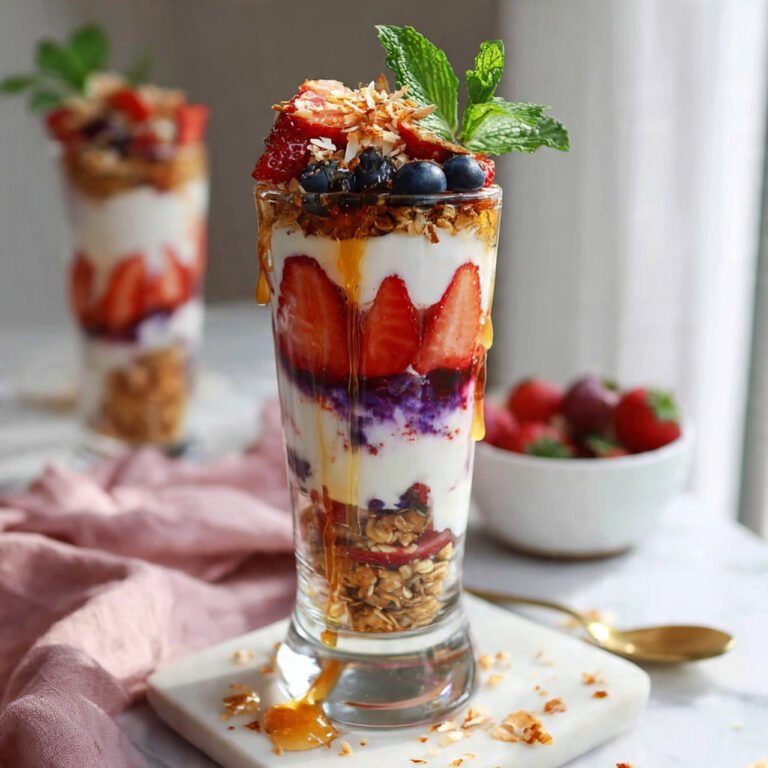 A stunning 45-degree angle photograph of a beautiful vegan berry parfait in a tall, elegant clear glass. Distinct visible layers show: golden granola at the bottom, creamy white coconut yogurt, vibrant red strawberry slices pressed against the glass, purple blueberries, more yogurt, and crowned with an artful arrangement of fresh mixed berries on top. A fresh mint sprig and a drizzle of golden maple syrup garnish the top. Toasted coconut flakes are scattered on the berries. Background features a soft pink linen napkin, a second parfait in soft focus, and a small bowl of additional berries. Bright, natural morning light streaming from a window creates a fresh, uplifting mood. Professional food photography with shallow depth of field focusing on the front parfait.
