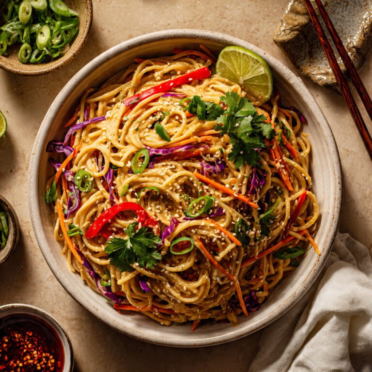 A stunning 45-degree angle photograph of creamy vegan sesame noodles served in a large white ceramic bowl. The tender noodles are beautifully coated in glossy, creamy tan sesame sauce. Fresh toppings are arranged artfully on top: sliced green onions (white and green parts), fresh cilantro leaves, bright red thinly sliced bell peppers, shredded purple cabbage, and julienned carrots creating a rainbow of colors. Sesame seeds are sprinkled generously on top. A lime wedge rests on the edge of the bowl. Background features chopsticks resting on a small plate, a small bowl of extra chili oil, and a white cloth napkin. Bright, warm lighting emphasizes the rich, creamy sauce and vibrant vegetable colors. Professional food photography with shallow depth of field.